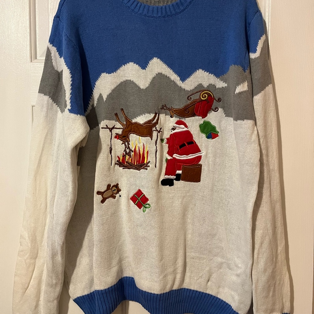 Carbon Blue and White Crewneck Sweater with Winter Scene